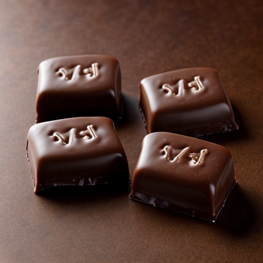 four square-shaped chocolate pieces off of a chocolate bar.