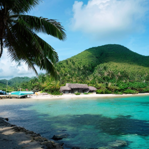 a tropical military base that was turned into a peacefully island village with lush trees and small huts with a large mountain on the far side of the island