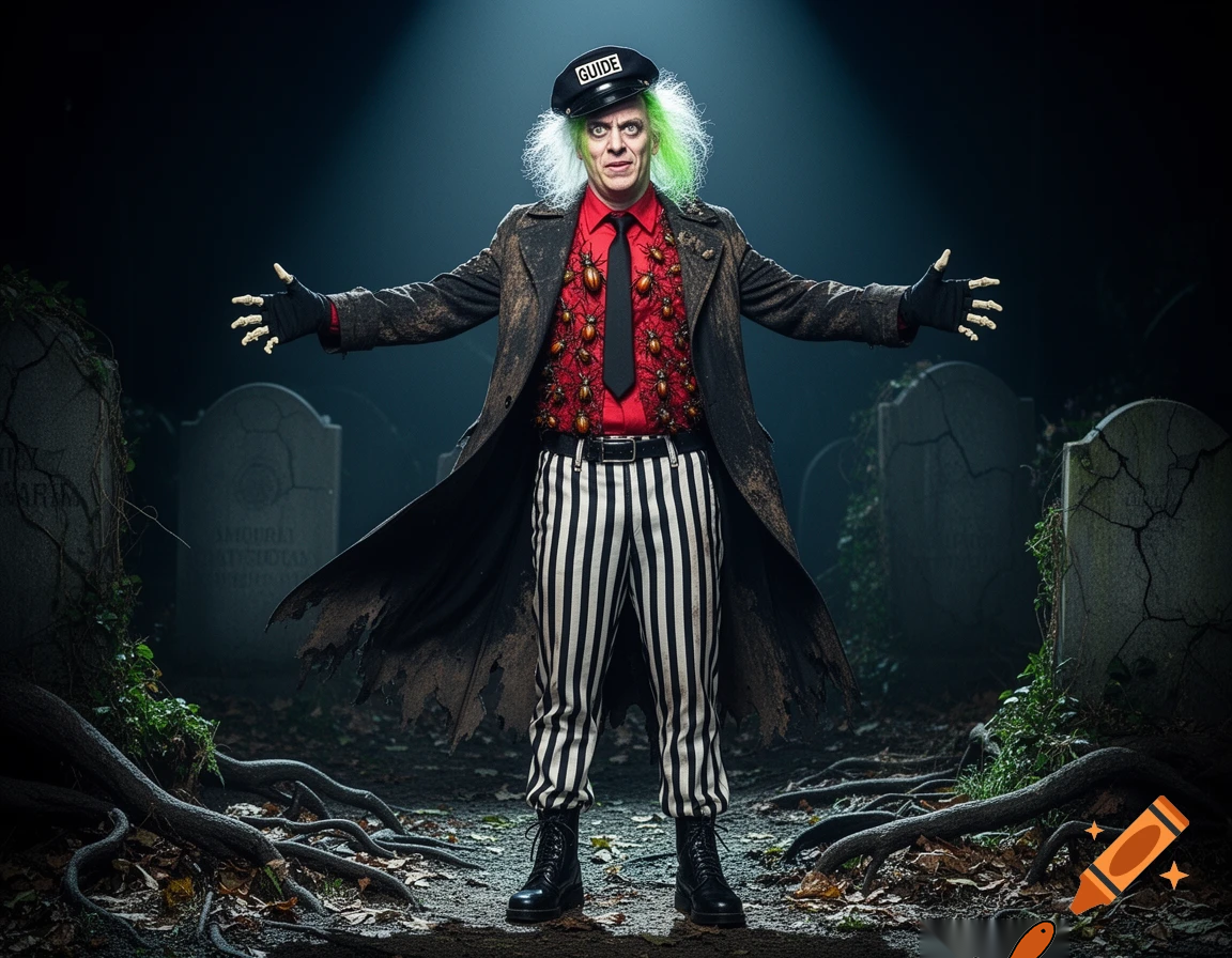 Beetlejuice wearing a dark taxi cap that has "GUIDE" written on the front, a red shirt covered with beetles, a black tie, a waistcoat with vertical black-&-white stripes, a long dark dirty torn Trench Coat, long black fingerless gloves, a black belt, pants with vertical black-&-white stripes, a pair of black Combat-style Beatle boots, standing in a graveyard, under a spotlight, with his arms outstretched.