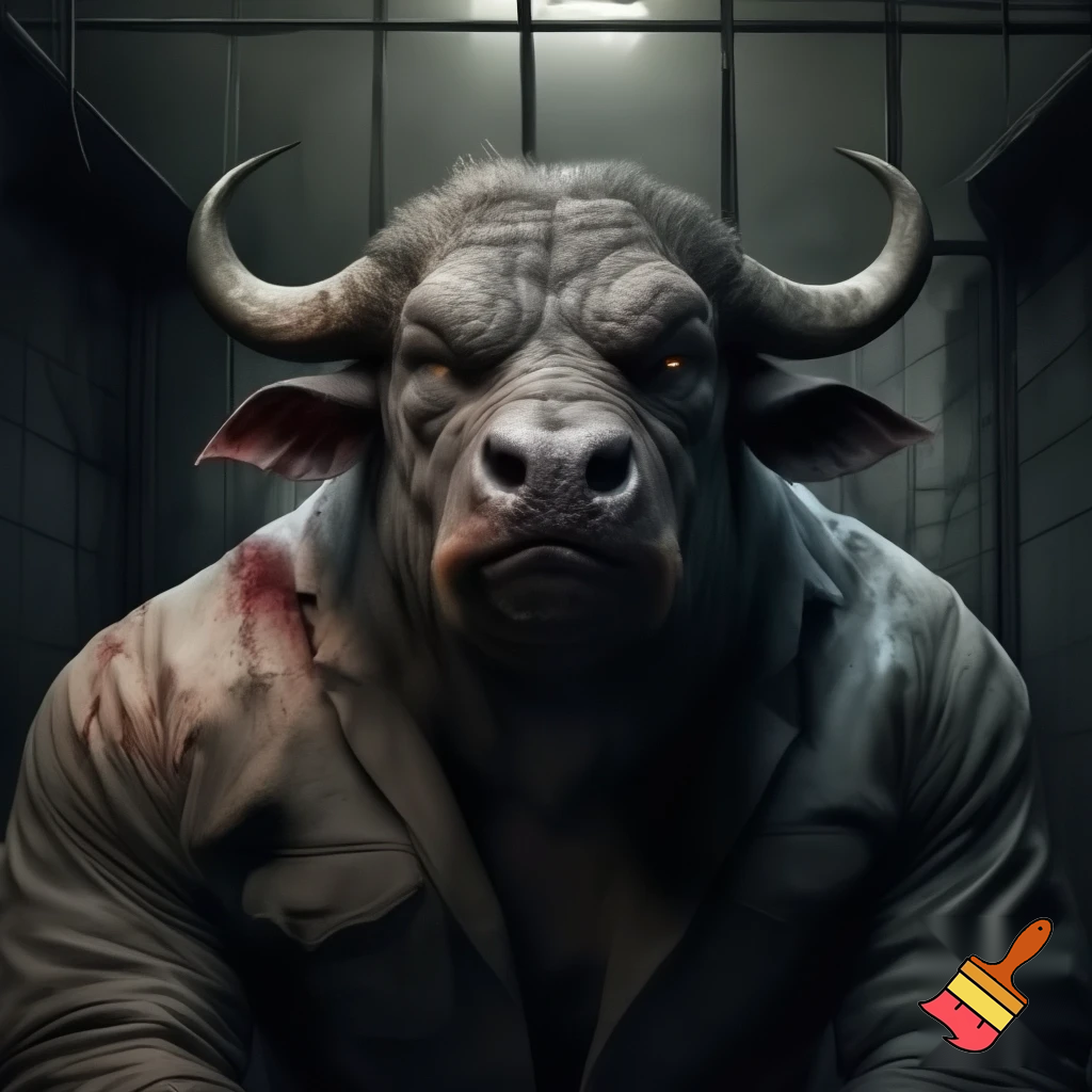 water buffalo:
mug shot standing
evil 
sinister
prison outfit
with colour
