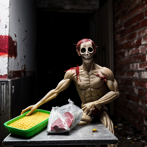 The image depicts a grim and disturbing scene, possibly an outdoor butcher's area or a macabre setup in a derelict location. The overall color palette is dominated by muted browns, grays, and reds, with a significant presence of what appears to be blood and gore.

In the upper portion of the image, a person wearing a blood-stained red apron is standing and appears to be working on something on a table. Their arms are muscular, and their hair is dark and styled up. The table itself is covered with what looks like raw meat and several clear plastic bags containing more of these items.

Below the table, in the lower part of the frame, are two figures. The one on the left is a female form, seated and appearing to be made of flesh, covered in blood and some kind of fibrous material, possibly hair or fabric. Her head is tilted back. To the right of her is another figure, also appearing to be flesh and blood, crouched low. This figure has a more defined face with glasses. Both figures are unsettling and appear to be part of the overall scene of dismemberment or processing.

The background is a crumbling brick wall, suggesting a dilapidated urban environment. There is a dirty window with reflections on the right side. The ground is littered with debris, including plastic bags, scraps of material, and what looks like discarded food items. Two large trash bins are visible on the sides, one brown on the left and a green one on the right, the latter overflowing with corn cobs and other contents.

The composition is vertically oriented, with the standing figure and the table forming the upper half, and the seated figures and the ground clutter occupying the lower half. The lighting is somewhat harsh and uneven, contributing to the unsettling atmosphere. The image has a gritty, low-resolution texture, which adds to its raw and disturbing nature.
