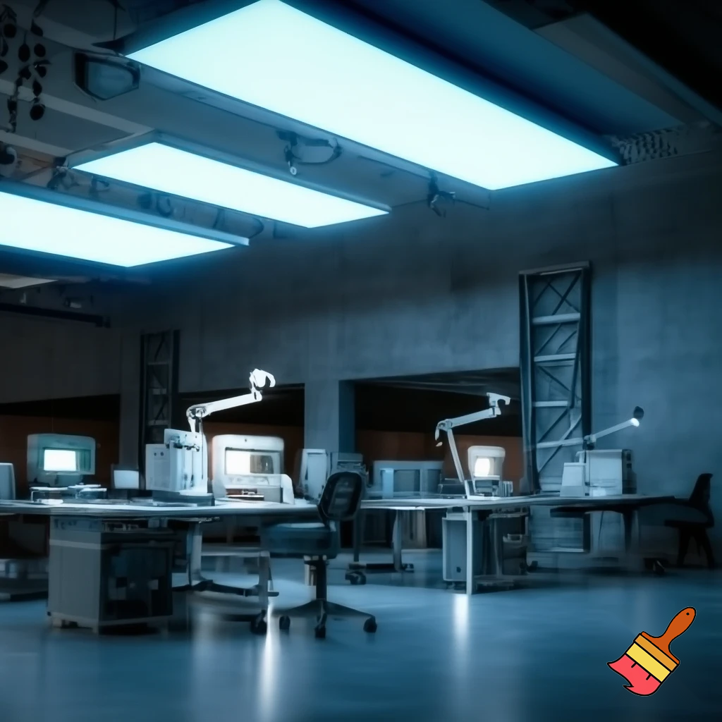 create me a productive modern industrial work environment in the lighting field