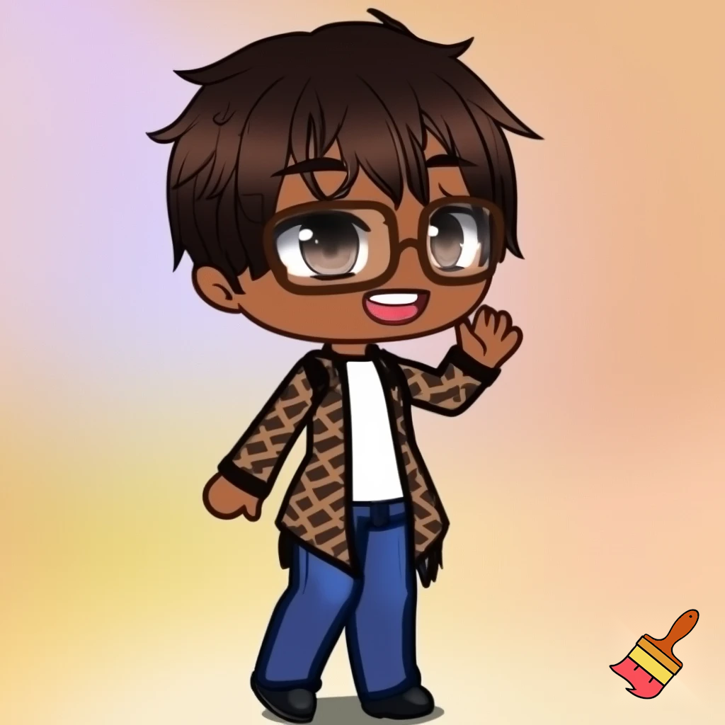 A Gacha brown skinned boy with dark brown hair, brown glasses and a brown pattern jacket with a white shirt, blue pants and black shoes. Waving at the camera 
