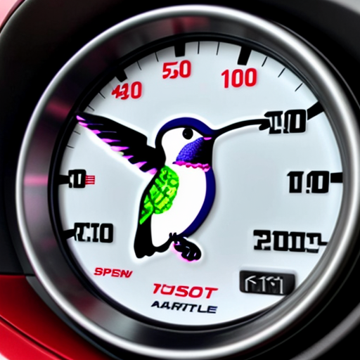 Create an image of a hummingbird with a speed gauge like in a car, with mph, on it that is red lining which means the line is in the red and going really fast, make it highly detailed.