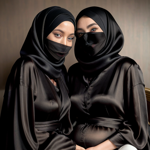 Inside a brown hotel room, heavily pregnant angelina jolie and Zendaya are sitting together wearing black silk long heavy abaya, gloves, black silk hijab and a perfect silk nosepiece saudi niqab. 