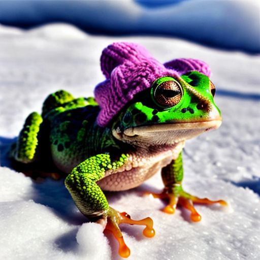 A laughable, puzzled animal toad in woolen, multicoloured winter clothings with woolen winter cap. Hyperrealistic art style.