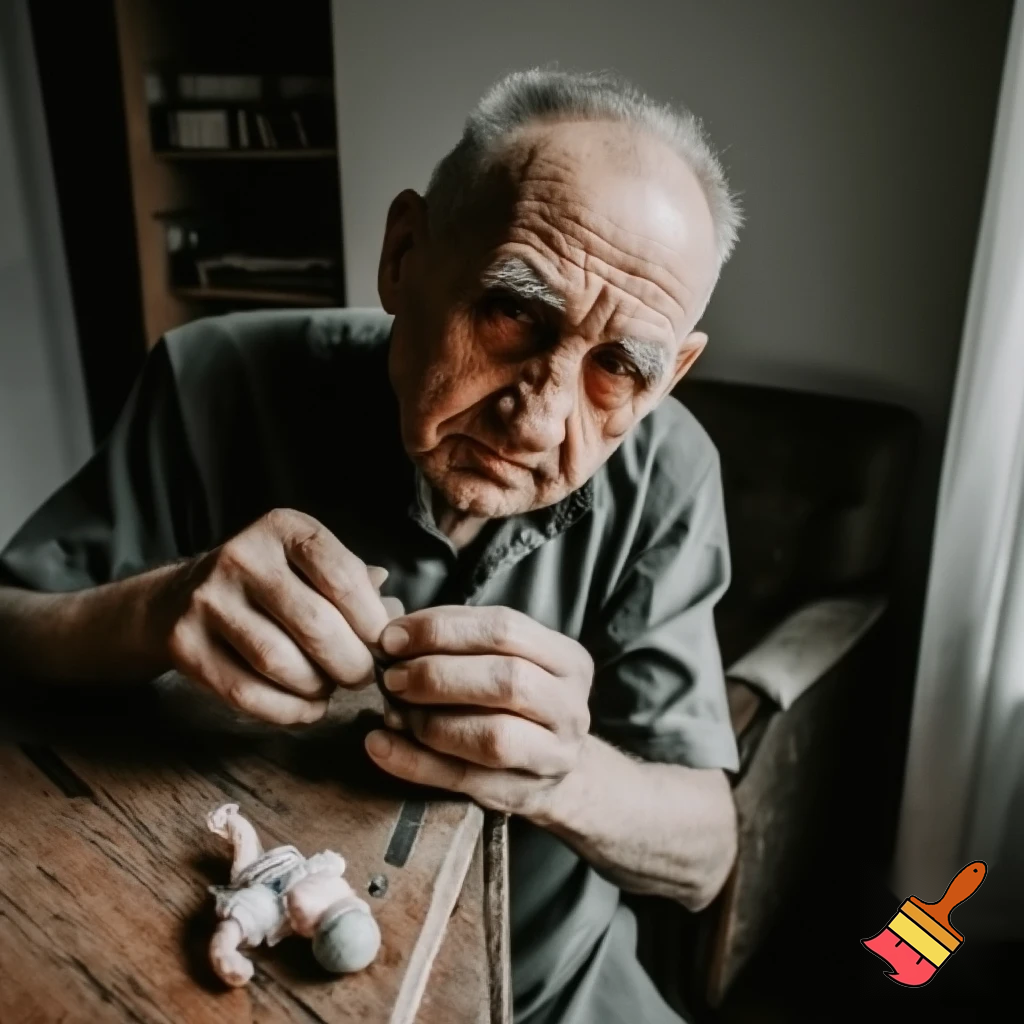 A realistic photograph of an elderly man sitting at a small wooden table, gently repairing a broken doll.
The scene looks natural and lifelike, with soft daylight coming from a nearby window.
The man’s face is warm and kind, with detailed wrinkles and calm eyes.
The background shows a simple cozy room with a nostalgic atmosphere.
Realistic lighting and natural colors.