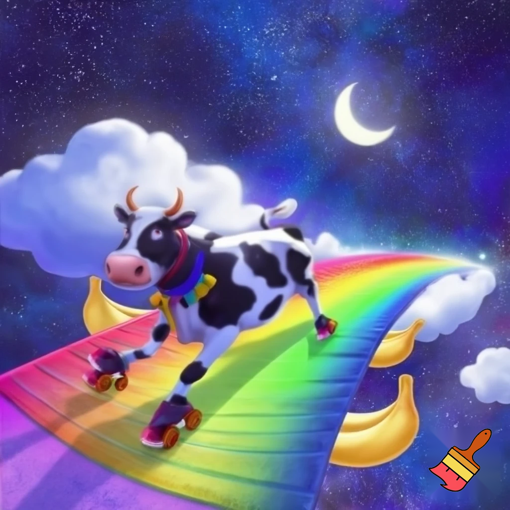 A cow on roller skater crossing a rainbow bridge that connects the Moon with banana shaped clouds