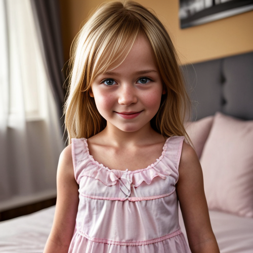 swedish blonde little girl  at night dress, very beautiful, on the bedroom, close up