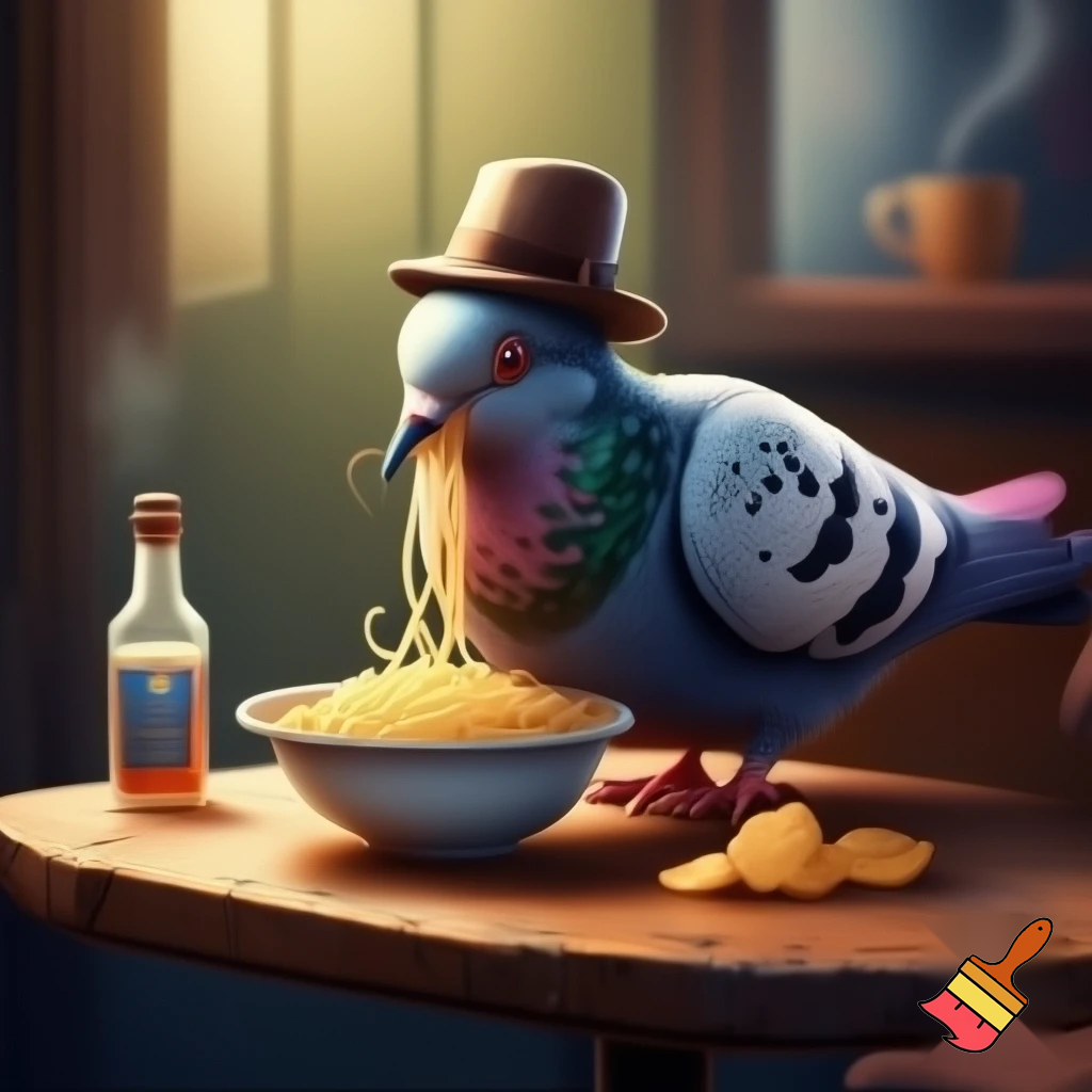 The Pigeon is in a cozy cafe eating spaghetti and potato chips with barbados rum.