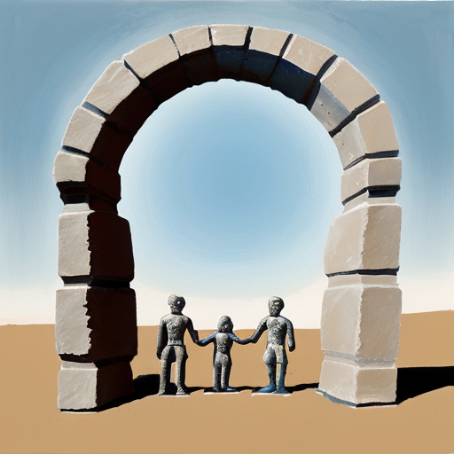 Paint the stones of an arch with multiple abstract figures in Tanguy  style