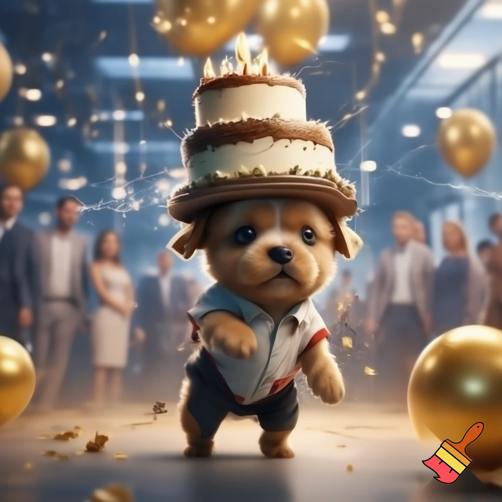 "A tiny, cute, small light-brown baby puppy standing inside a large luxurious modern office filled with many people. The puppy looks very shy. He is wearing a dirty and torn white shirt with red outline and a half-dirty black pant. The office is decorated for a birthday party — balloons, fairy lights, shiny golden décor. The puppy is carrying a huge triple-layer cake on his head, struggling to balance it. Cinematic soft lighting, realistic 3D style, emotional atmosphere, people in the background staring."