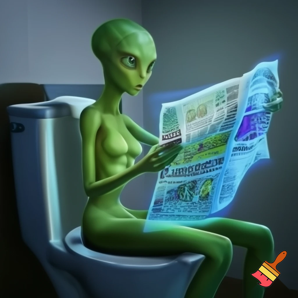 A green female with  greenhuman body alien reading a newspaper on the seat of the toilet
