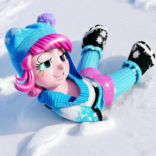 Create a pinkie pie equestria girls wearing light blue knit hats, light blue winter jacket, light blue mittens, purple pants and light blue boots in on back - lying down snow and making a snow angel in eyes closed and tooths grinw