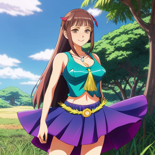 Lana from Pokemon Sun and Moon outfit otea tahiti  in  grass skirt  bleu and tassel   bleu sky 