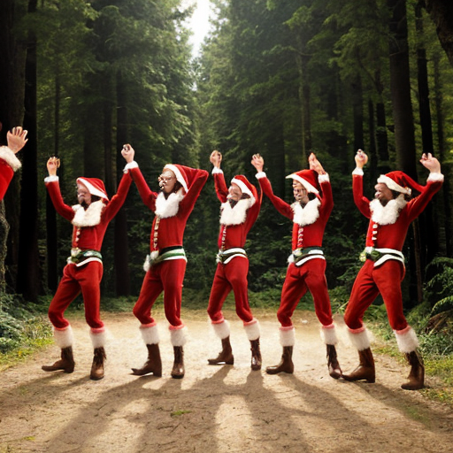 Create five male elves singing and dancing in the middle of the forest, who are not Christmas-themed and have more realistic and well-shaped faces.