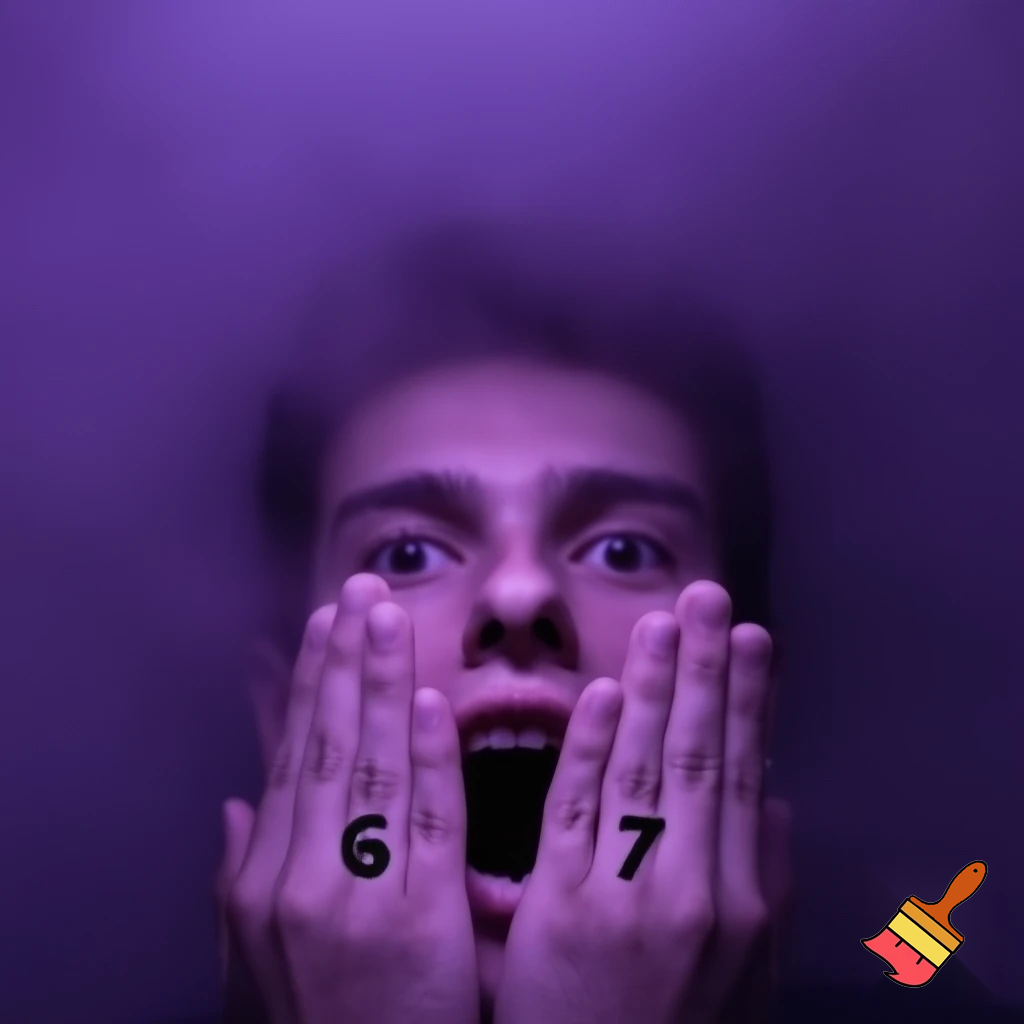 The number  6 7 on a person's hands while the person's mouth hangs open in a weird unlocked position. Make it to where we can see the persons full face, and put a purple haze around everything.