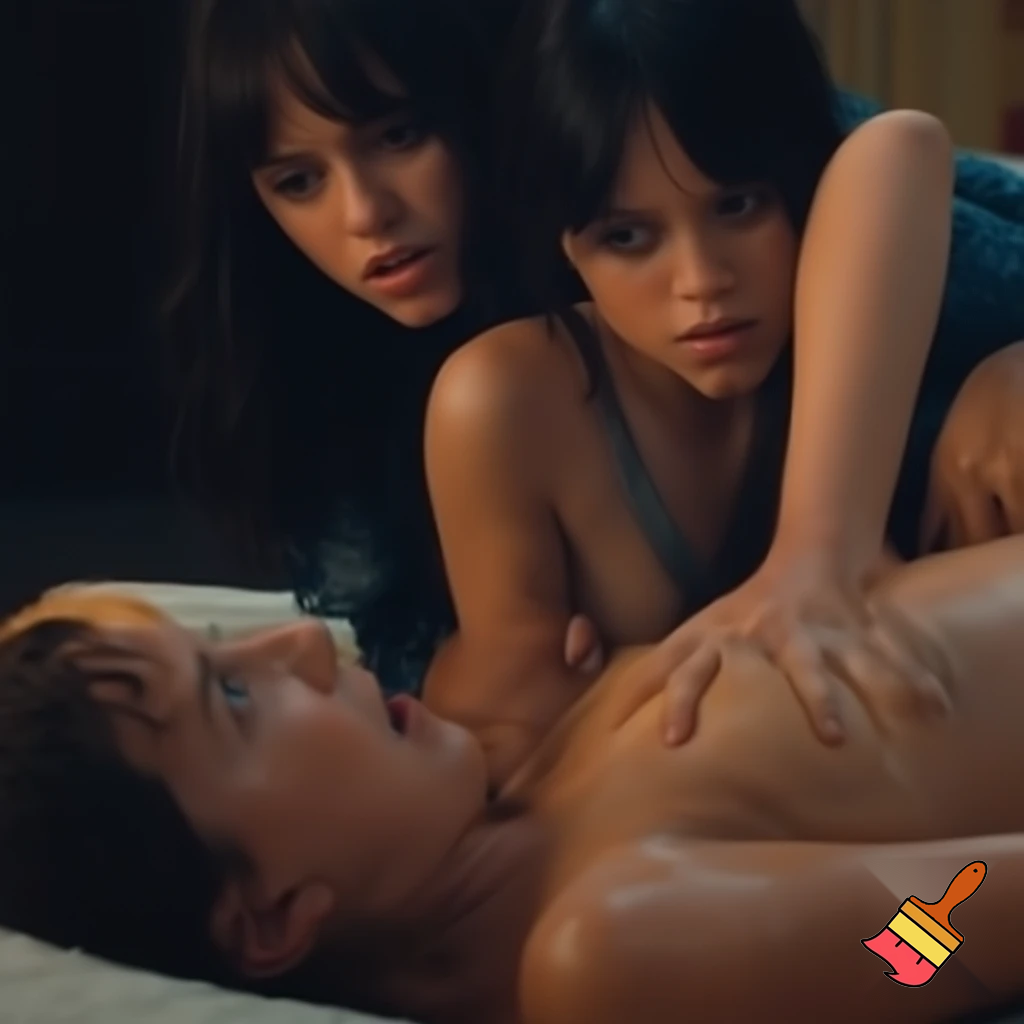 Millie Bobby Brown and Jenna Ortega are fighting on the bed. Millie Bobby Brown is laying astride Jenna's belly ,blocking her. Both are naked and they are very sweaty and angry