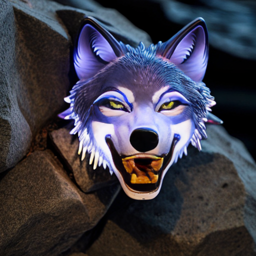 create an image of a blue wolf with glowing fur, glowing red eyes ,gleaming fangs and a crocidile face . It is on a rocky cliff