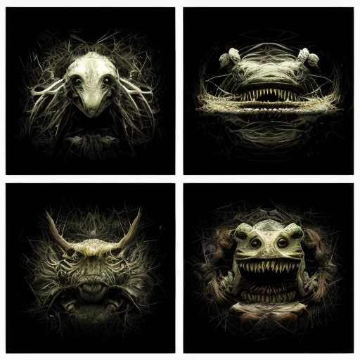 Irreal creaturas no es familia no en fractales. 4 paneles. 1, 2, 3, 4. 1: criatura emerge de ti. 2: criatura se alimenta. 3: Blade. 4: la creatura eres tu. Esto en un estilo barroco, ultralimilal, aceituna y papa. la lluvia cae y nunca cesara, no por que sea infinita, si no por que no va a empezar jamas