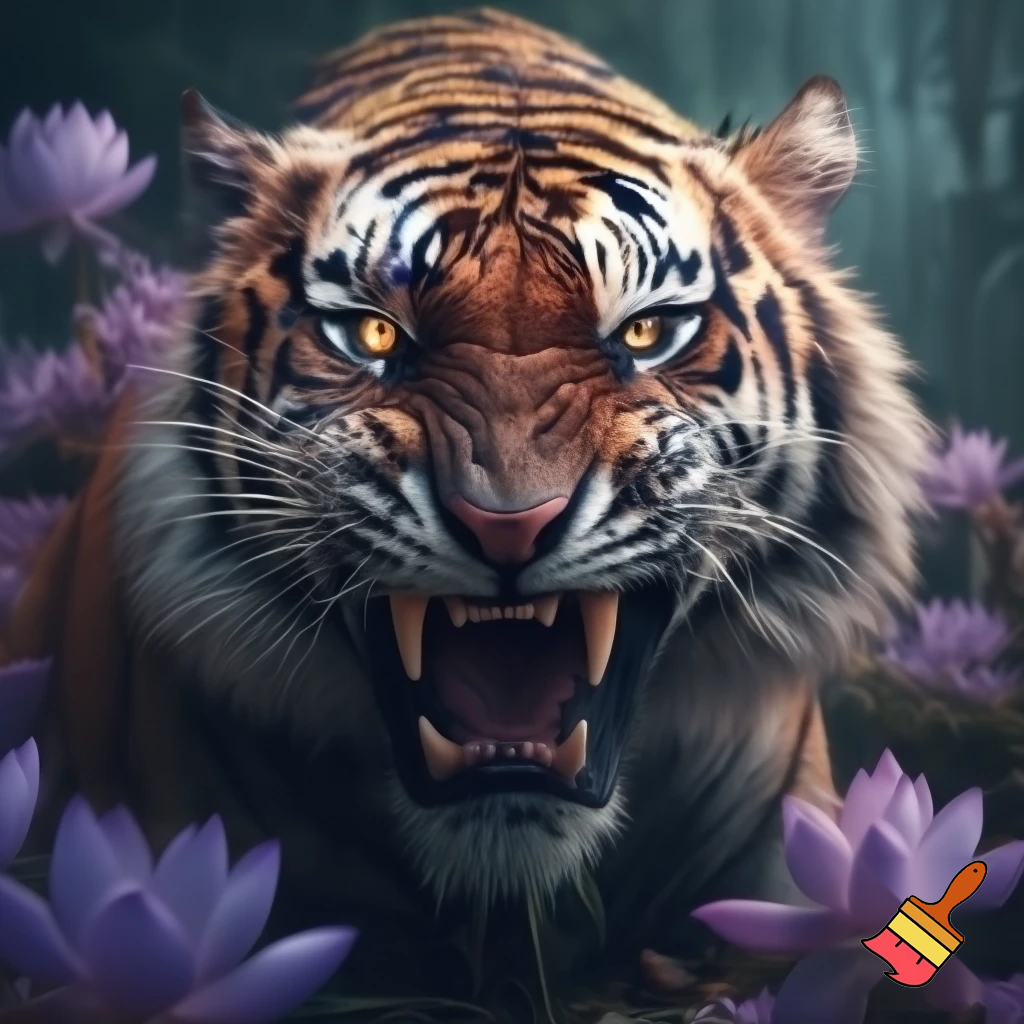 Tiger barring teeth with purple lotus flowers