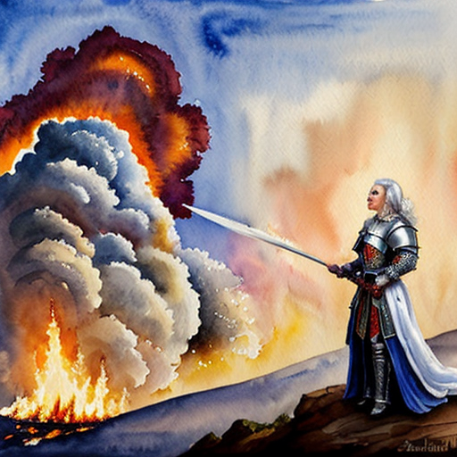 young white-haired woman in armor stands in front of a burning castle into which meteor are falling