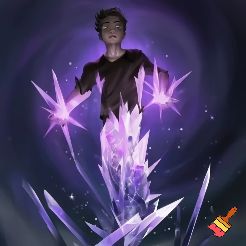 teen boy being enveloped by purple tinted ice shards, his hands glowing purple, and he is floating slightly as though ascending