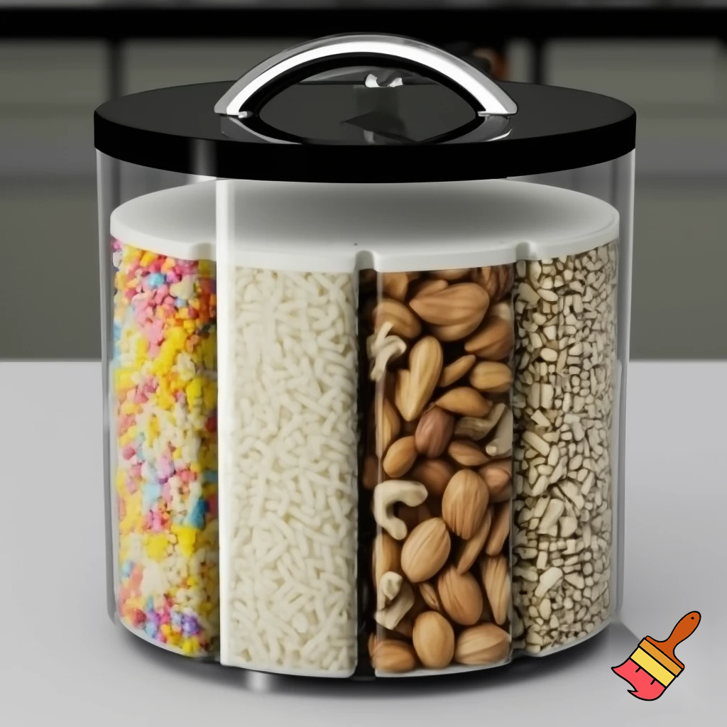 make a cylindrical food storage that has a handle ontop and has 4 sections holing different dried food e.g. pasta, rice,grains, nuts
