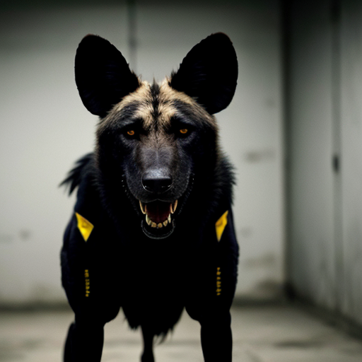 A black wild dog wearing a prison outfit looking DEADLY, sinister, angry and malicious