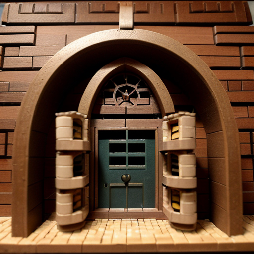  Make a cabin that can be described like this On the outside, the cabin is made of bricks and has a row of smokestacks on the top, making it look like a miniature factory. The door is bronze, thick, and circular, like a vault door, and opens with lots of steam and gears clunking.