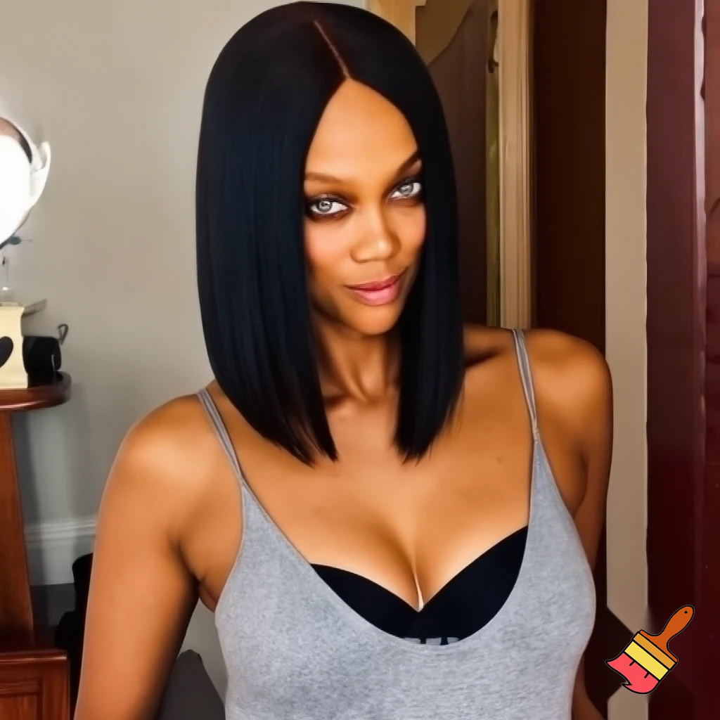 Tyra Banks with a black sleek middle part bob hair wearing a grey camisole and black bra working out at home 