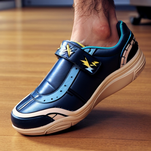 a shoe that has a wheel in the bottom to slide around in but also when the wheel spins it generates electricity and on the side of the shoe it has a lightning bolt on it