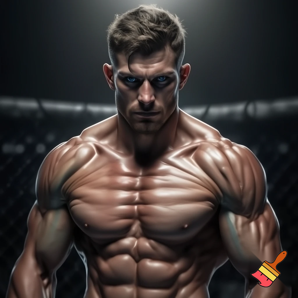 A mixed martial artist who has gone down two weight classes for a fight. His cheeks are sunken and his ribs are visible and his muscles stand out alarmingly. Nonetheless, he stands tall and steady. His eyes are watery blue, his hair is brown and his ears stick out. 