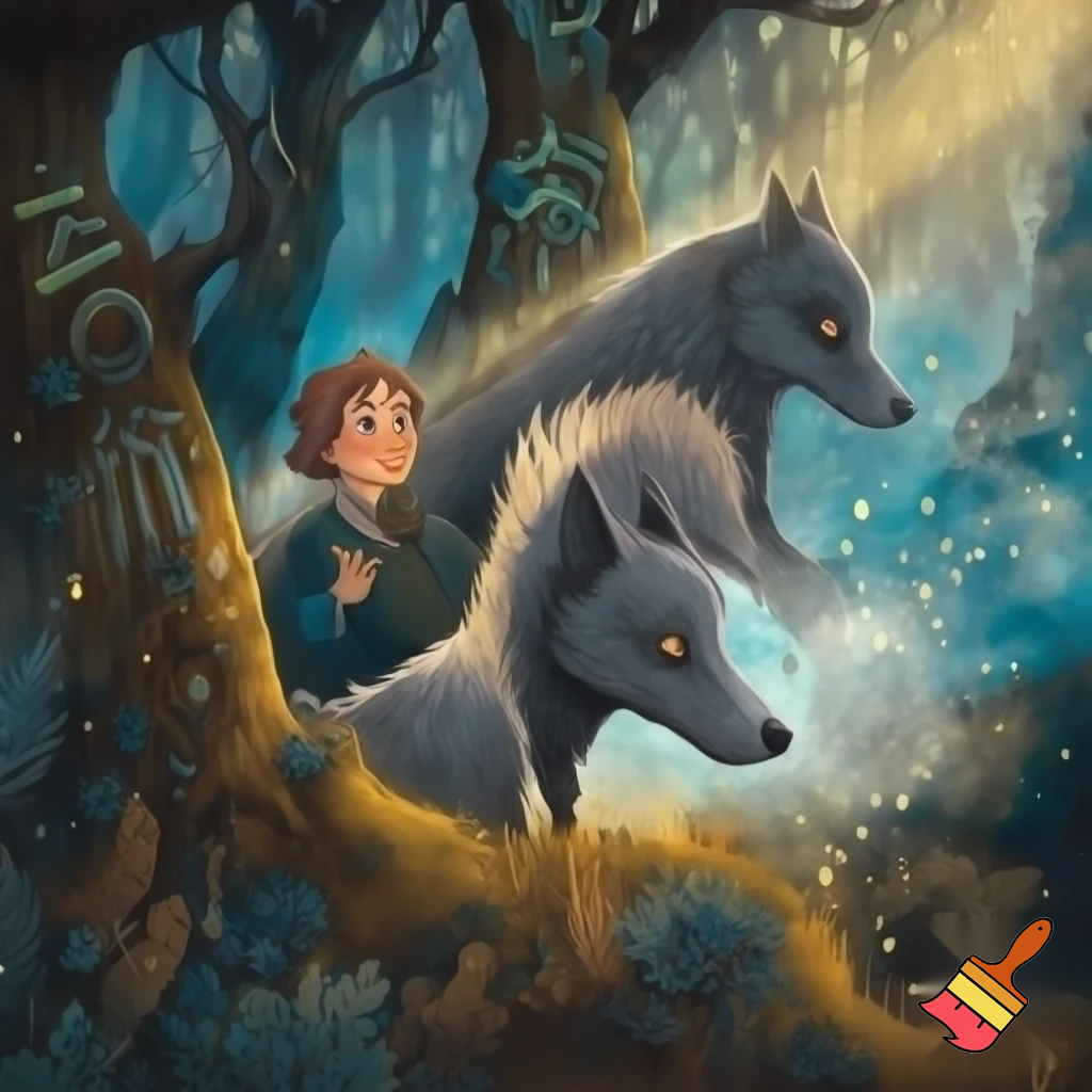 создай картинку в стиле народной сказки Иван Царевич и Серый волк   использую ИИ

