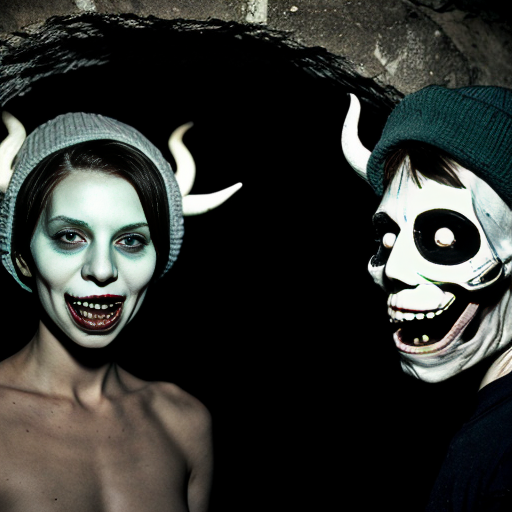 Photorealistic found-footage flash photography of three uncanny puppets in a dark concrete tunnel. Left: furry grinning demon with horns. Center: pale, blank-faced puppet in an oversized white military cap. Right: tall, grinning white puppet with hollow black eyes and a propeller beanie. Analog horror, heavy VHS grain, harsh camera flash, eerie green-blue tint, macabre, liminal space.