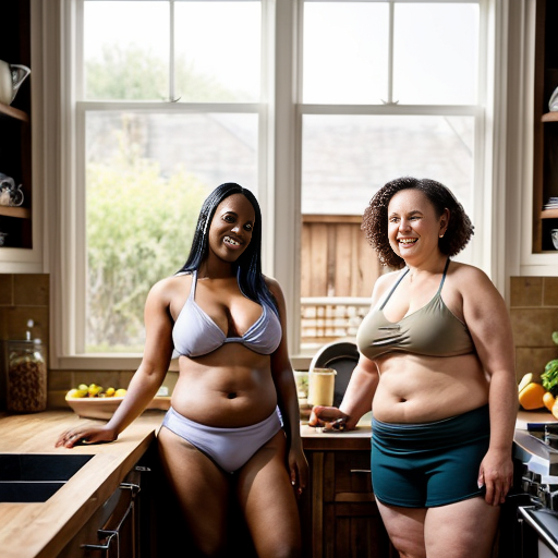 A realistic, full-body image of three plus-size women standing together in a cozy, sunlit kitchen. Two of the women are elderly, around their 90s — one with dark hair, the other with blonde hair. The third is a younger African American woman in her 20s. All three are wearing modest beige swimsuits and have fuller body types. They stand confidently, smiling softly, in a natural and dignified scene. Warm light shines through the kitchen window, highlighting wooden counters and a welcoming atmosphere.