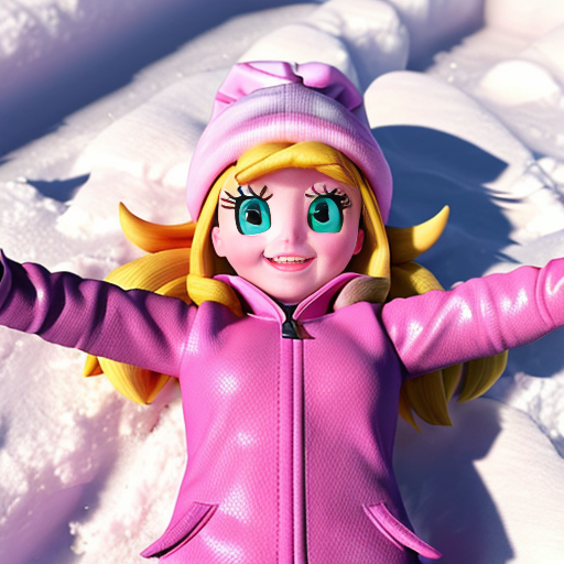 Create a fluttershy equestria girls as 3d cgi animated wearing pink beanie cap, pink coat, pink mittens, pink pants and pink boots in on back - lying down snow and making a snow angel in eyes closed and laughing 