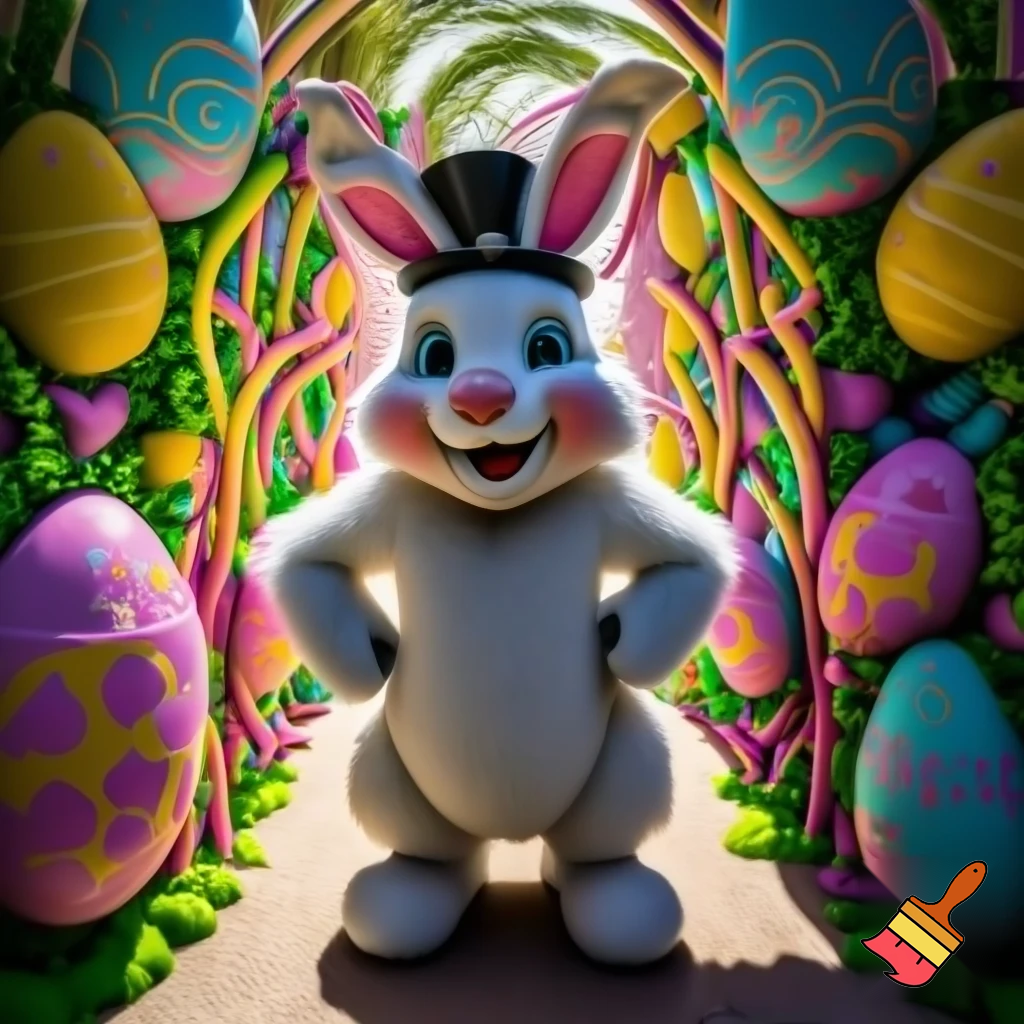 Easter bunny mascot with the top hat costume Easter bunnies maze house
