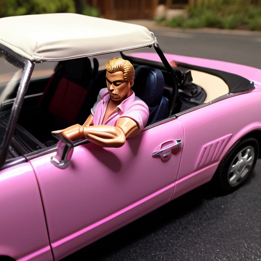 

Case 1 : voiture décapotable rose en panne avec fumée, Ken retrousse ses manches avec confiance devant le moteur, Barbie lève un sourcil sceptique.

