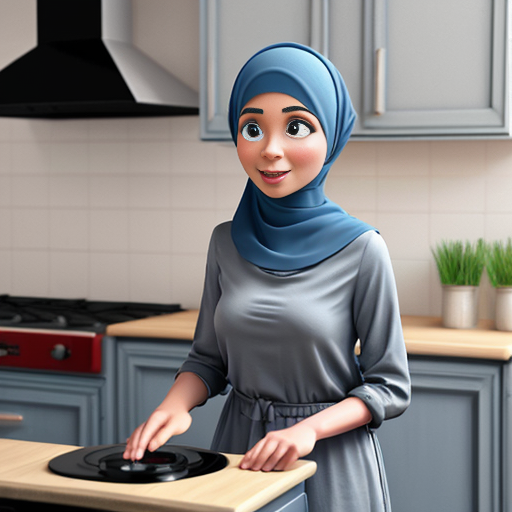 Pixar-style 3D cartoon character, standing at the stove, cooking gesture, exaggerated cartoon features, big expressive eyes, Muslim woman 35-40 years old, fully covered in wide light blue dress, loose modest clothing, headscarf covering all hair, no sexualized features, gray background, simple cartoon style