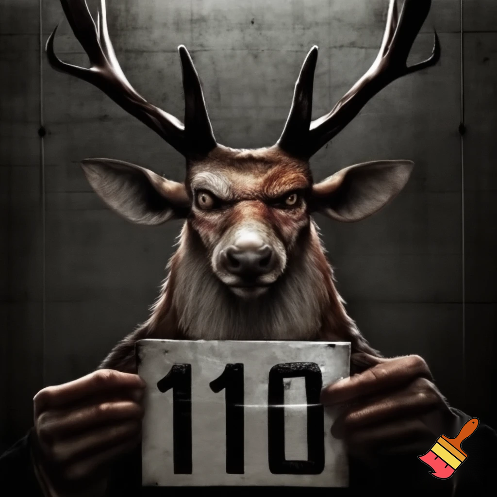 picture of a mugshot deer with scars and a serious face holding a number board