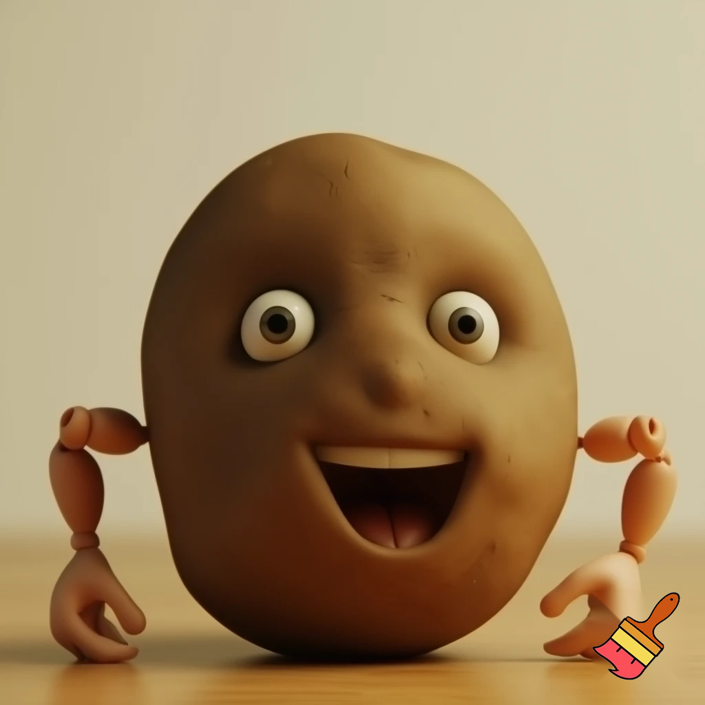 a potato having eyes and hands saying cheese
