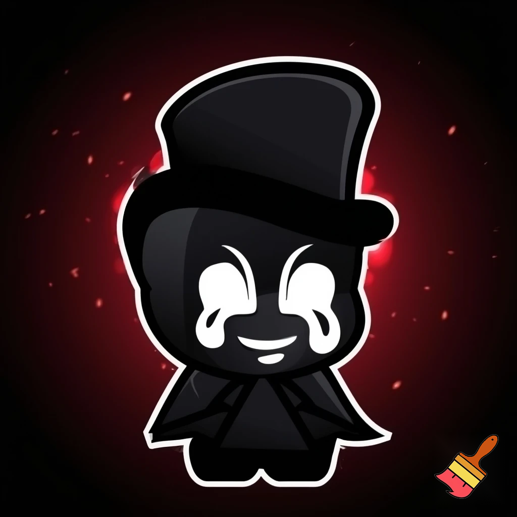horror mascot icon of a mysterious shadow-like gentleman.
A dark humanoid figure made of living shadows, emitting subtle glowing red particles.
He wears a short black top hat and an elegant dark coat.
His face is covered by a white theatrical mask showing both a laughing and crying expression at the same time, with fully white, painted eyes and white tears dripping down.
The character has a small chibi body with a large head, elegant posture, refined and classy appearance.
Dark horror illustration style with sharp, expressive lines, deep blacks and grays, high contrast lighting, and vivid red glowing particles.
Cute but unsettling, elegant yet sinister.
Minimal background, dark vignette, centered composition.
High detail, clean silhouette, perfect for a brand mascot icon.