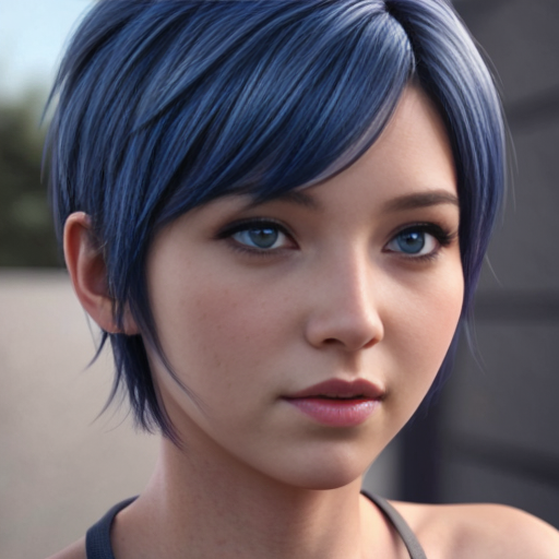 Simple anime. Female. Short blue hair in a short pixie cut. Blue eyes. Head shot.