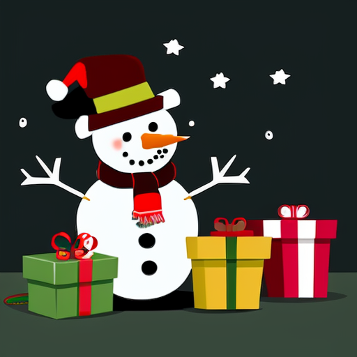 Snowman with a Christmas tree surrounded by gifts with the text Merry Christmas