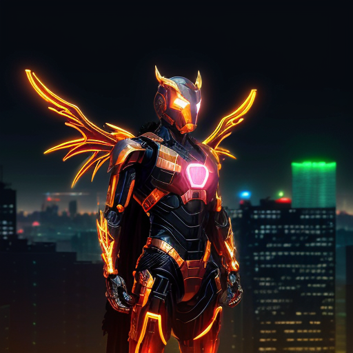 A powerful superhero wearing advanced dragon armor fusion of fantasy and futuristic technology, mechanical wings, glowing chest core reactor, dragon scale metal plating, heroic stance on a futuristic city rooftop at night, neon lights, cinematic atmosphere, volumetric lighting, ultra detailed, concept art, 4k