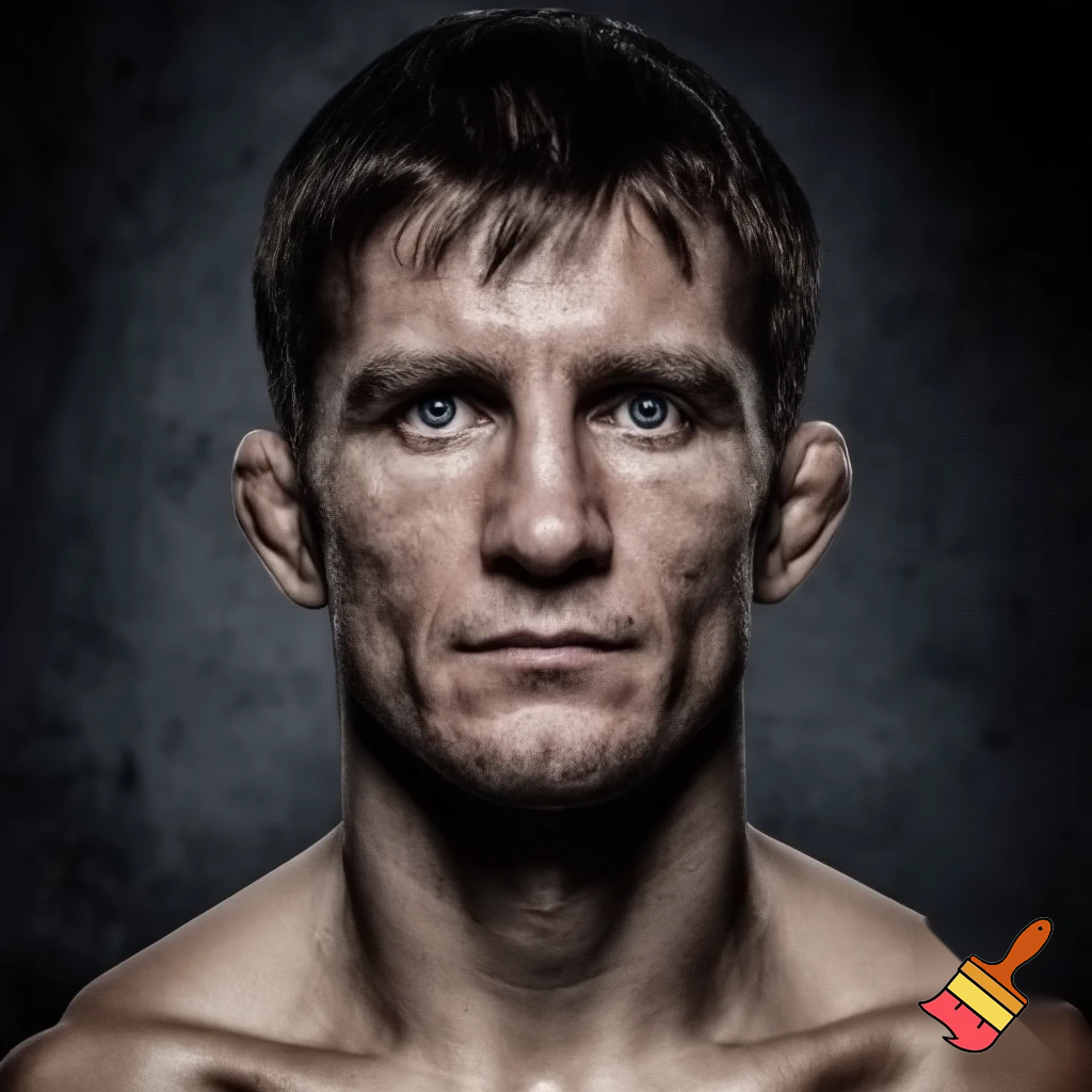 A mixed martial artist who has gone down two weight classes for a fight. His cheeks are sunken and his ribs are visible and his muscles stand out alarmingly. Nonetheless, he stands tall and steady. His eyes are watery blue, his hair is brown and his ears stick out. 