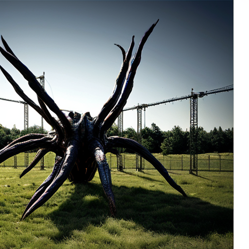 Central Object: A large, dark figure composed of an organic or alien Creature with several white, curved limbs (similar to a giant spider or the Mind Flayer monster from Stranger Things).
Style and Texture: The object appears to be made of a viscous substance that flows in protective streams downward, connecting with the ground.
Environment: The action takes place in an open space with green grass. In the background, a complex metal structure of intertwined tubes or wires is visible, reminiscent of scaffolding or an abstract installation.
Text: Large white text "FIELDWAVE" is superimposed in the center of the image, with the number "20ctrl
" just below. The font has a "cut" or glitchy effect, lending a digital or industrial aesthetic.