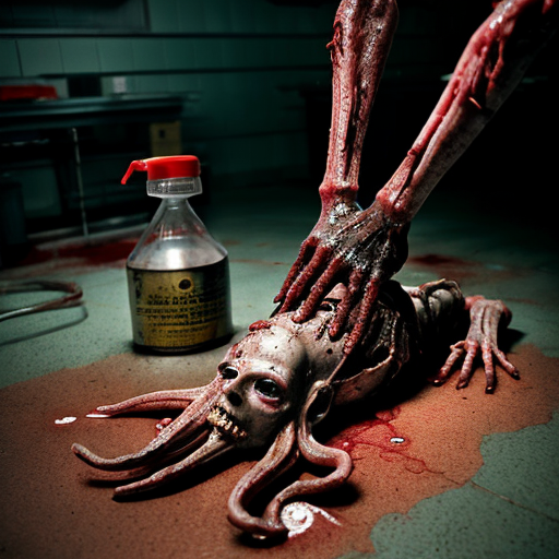 photorealistic horror scene in an abandoned hospital morgue autopsy room, 1980s institutional green tiled walls covered in fresh blood splatter and dripping gore, fluorescent ceiling lights flickering dimly, cold clinical atmosphere, central grotesque eldritch monster standing upright, tall humanoid body composed of writhing dark fleshy tendrils and organic black biomass, octopus-like head with mass of thick slimy tentacles instead of face, no eyes or mouth visible just writhing cephalopod appendages, dripping viscous black ichor and blood, decayed rotting texture on the creature, extremely detailed wet slimy skin and muscle fibers, standing in a large pool of fresh blood on the tiled floor, autopsy table in background with mutilated naked human corpse lying on it, realistic dissected body, exposed organs, blood pooling and dripping off edges, blood trails and smears everywhere, surgical tools scattered, rusty metal sink and lamp, hyper-detailed textures, cinematic horror lighting with harsh shadows and volumetric fog, ultra realistic, photorealistic, 8k, RAW photo, horror movie still, disturbing atmosphere, gore, extreme detail, no censorship