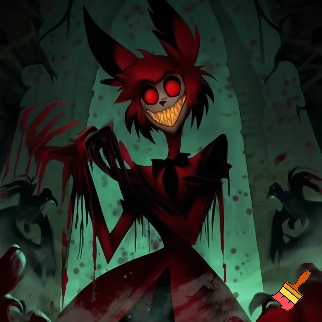 Give me a there for alastor that is creepy and spooky as possiblee with blood